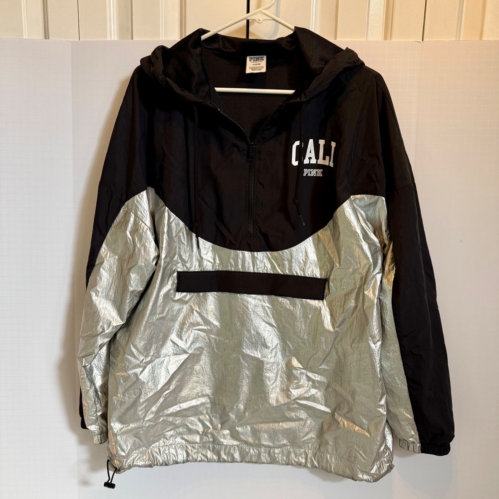PINK Victoria's Secret Cali Pullover Anorak Jacket Black‎ Silver Medium